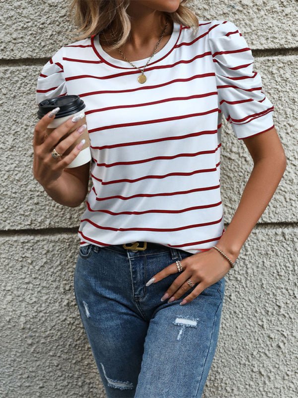 New Fashionable Puff Sleeve Striped T-Shirt - Top